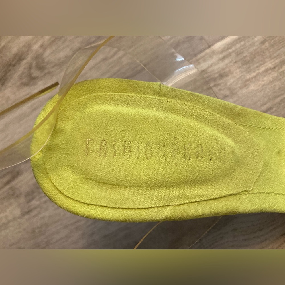 Fashion Nova Neon Yellow Green Heels Silver Studs Clear Adjustable Straps 8.5 - Picture 15 of 16
